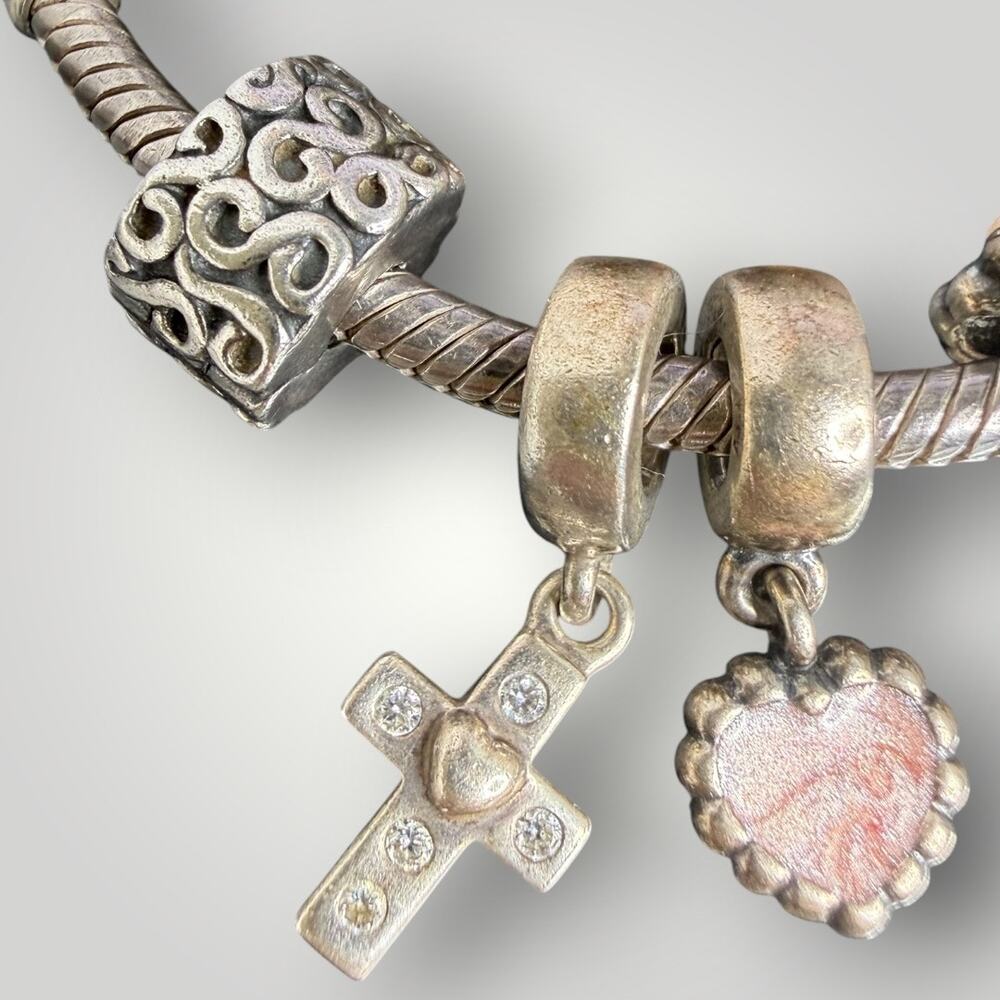 Pandora 925 ALE Sterling Silver Bracelet 7” with 4 Charms Pink Heart Cross - Picture 5 of 8